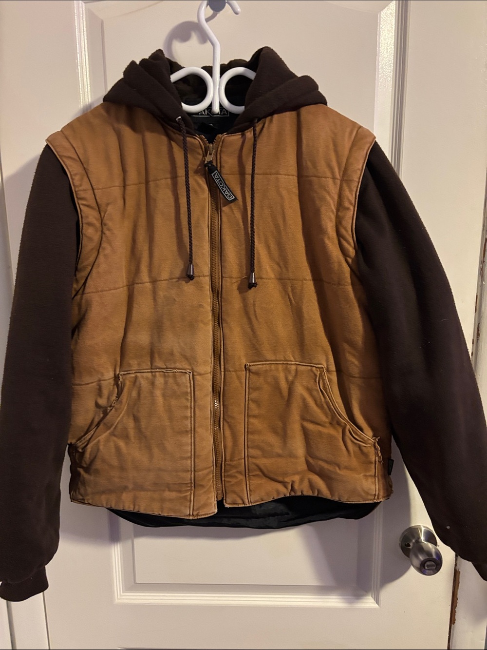 Men's Hooded Work Vest Jacket in Tan with Removable Dark Brown Sleeves